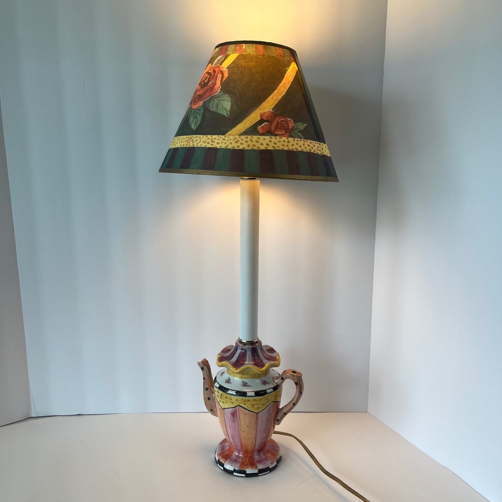 Whimsical Teapot Table Lamp Hand Painted Floral Rose 23" Mackenzie Childs style‎